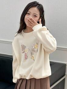 Dazy Kids Tween Mädchen Pullover mit Schleife, gestrickt und mit Fleece gefüttert, langärmlig, modisch und stilvoll für Herbst/Winter