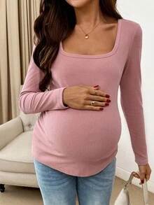 SHEIN قميص كاجوال بياقة مربعة وأكمام طويلة مخطط للحوامل