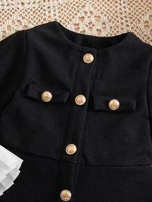 Baby Girl Cute Metal Buckle Color Block Bell Sleeve Long Dress, Autumn/Winter Fall