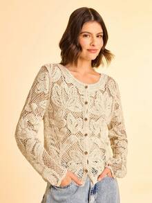 CAJUNI 女式杏色花卉针织开衫，配棕色椰子纽扣，长喇叭袖半透明毛衣 - 杏色 - 查看 8