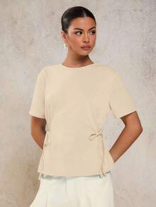 COSMINA Damen Lässig Seitenbindung einfarbiges Kurzarm T-Shirt, Sommer - Aprikosenfarben - Übersicht 3