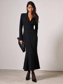 COSMINA 女式条纹翻领长袖修身鱼尾下摆优雅中长连衣裙 - 黑與白 - 查看 3