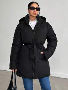 EURMUSE Thick Warm Padded Coat With Solid Colour, Belt, Two Side Pockets, Adjustable Hood, Zipper Closure, And Warm - Black - View 7