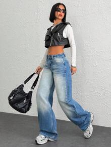 Coolane WOMEN LOW WAIST DENIM WIDE LEG JEANS - Medium Wash - View 4
