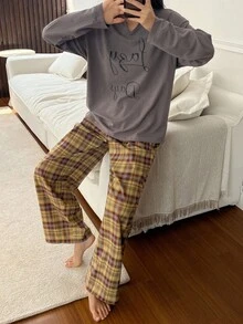 DAZY 2 件套女士宽松文字印花长袖上衣和格子裤睡衣套装，秋季服装 - 灰色 - 查看 6