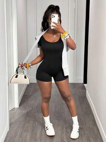 Slaydiva 无缝高弹力运动连体衣，瑜伽运动连体衣 - 黑色 - 查看 7