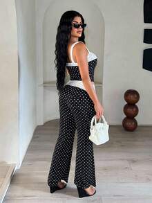 SHEIN SXY 复古黑白波尔卡圆点 Y2K 2000 年代街头潮流两件套，波尔卡圆点两件套，女式两件套裤子，女式夏季两件套，女式两件套服装，裤子两件套，外出，波尔卡圆点，女士早午餐服装，可爱 - 黑與白 - 查看 2