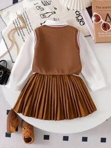 返校季女童学院风针织背心、白色长袖衬衫、百褶裙三件套，儿童校服秋冬款 - 棕色 - 查看 2