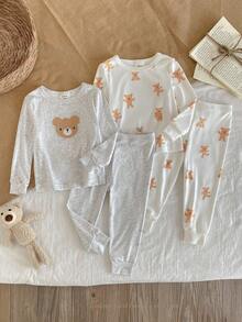 SHEIN 4pcs Newborn Baby Cute Bear Embroidery & All-Over Bear Print Long Sleeve Top And Pants Snug Fit Pajama Set Unisex Baby Clothes Baby Clothes Set Baby Bear Clothes Newborn Clothes Fall Winter