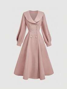 SHEIN MOD Women's Light Pink Lapel Double-Breasted Cinched Waist Mid-Length Overcoat,Fall / Winter Clothes For Women,Halloween,Party,Elegant,Goth,Wedding,Evening Dress Chic Wedding ,Women's Winter Coat