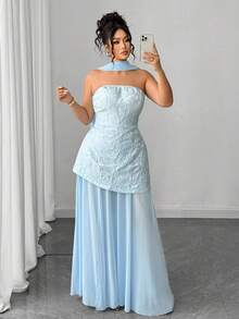 Elenzga 大码女式时尚热销设计感派对宴会高端围巾领优雅修身开叉连衣裙，双层面料露肩 - 藍色 - 查看 6