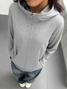 SHEIN 青少年女孩灰色前拉链长袖连帽衫，带口袋，休闲简约 - 淺灰色 - 查看 6