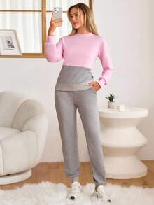 EURMUSE Set da due pezzi composto da felpa e pantaloni casual con blocchi di colore, taglia petite - Grigio - Visualizzare 4