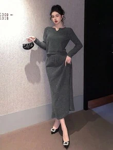 2 件宽松亮片毛衣和裙子套装，柔软舒适 - 深灰色 - 查看 6