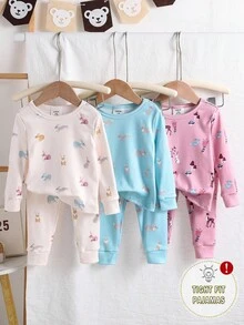 6件套女婴简约时尚浅粉色、浅绿色和米色组合打底裤和长袖连体衣睡衣 - 彩色 - 查看 1