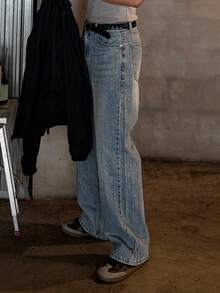 DAZY Men's Plain Washed Faded Blue Denim Jeans, Autumn - Blue - View 2