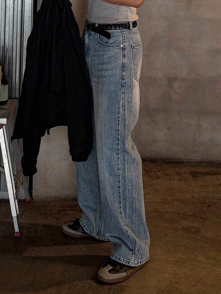 Men's Plain Washed Faded Blue Denim Jeans, Autumn