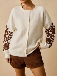 Travachic Áo len cardigan tay dài cài nút phía trước dáng rộng thoải mái cho nữ cỡ lớn vào mùa thu/đông - Màu be - Xem 5