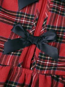 Women's 3D Colorblock Bow Design, Plaid Fabric Puff Sleeve Dress, Suitable For Casual Daily Wear And Christmas Holiday Outfits