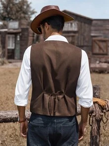 Manfinity Nomadique Men's Retro Solid Color Suede Casual Western Waistcoat, Rodeo Vintage Fleece