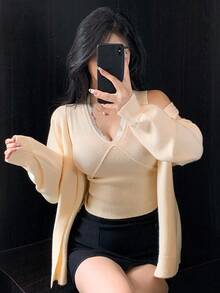 DAZY 2 件套女士优雅蕾丝拼布吊带背心开衫毛衣套装，秋季 - 杏色 - 查看 10