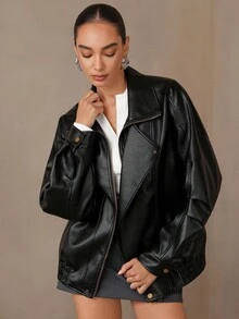 NOVVYNE Women's Vintage Motorcycle Jacket, Stand Collar, Boxy Silhouette, Fashionable PU Leather Coat, Black, Winter - Black - View 3