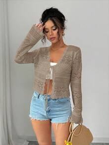 Elenzga 女士休闲镂空系带长袖钩针开衫，适合夏季度假 - 杏色 - 查看 5