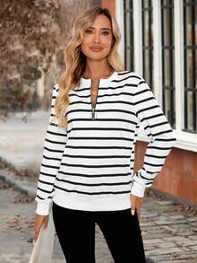 EMERY ROSE 女士休闲条纹半拉链长袖卫衣，秋季女士休闲外出上衣 - 彩色 - 查看 5