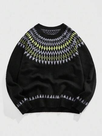 Street Life Maglione casual da uomo a girocollo in maglia jacquard a contrasto di colore, autunno inverno