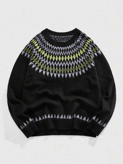 Street Life Men's Crew Neck Contrast Color Jacquard Casual Knit Sweater, Fall Winter