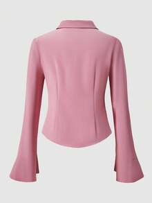 青少年女孩花卉印花修身纽扣长袖休闲衬衫，读书周服装青少年女孩长袖上衣 - 粉色 - 查看 7