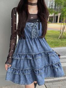 FRIFUL Tie Front Casual Versatile Camisole Women Denim Tops Denim Jumper Dress Ruffle Denim Dress Tiered Denim Dress Denim Dress Lace Up Denim Dress - Blue - View 2