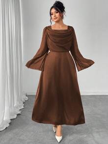 Modelyn Váy chữ A dài tay, thắt eo, chắp vá cỡ lớn - màu nâu - Xem 7