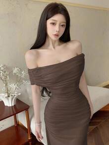 Modelyn Women's Off Shoulder Ruched Waist Elegant Wedding/Occasion Dress,Fall Wedding Guest Dress - Coffee - View 8