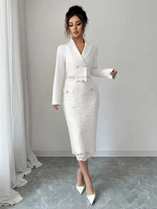 Modelyn 女式西装外套，撞色蕾丝和纽扣装饰 + 蕾丝纽扣装饰中长裙，优雅两件套 - 白色 - 查看 5