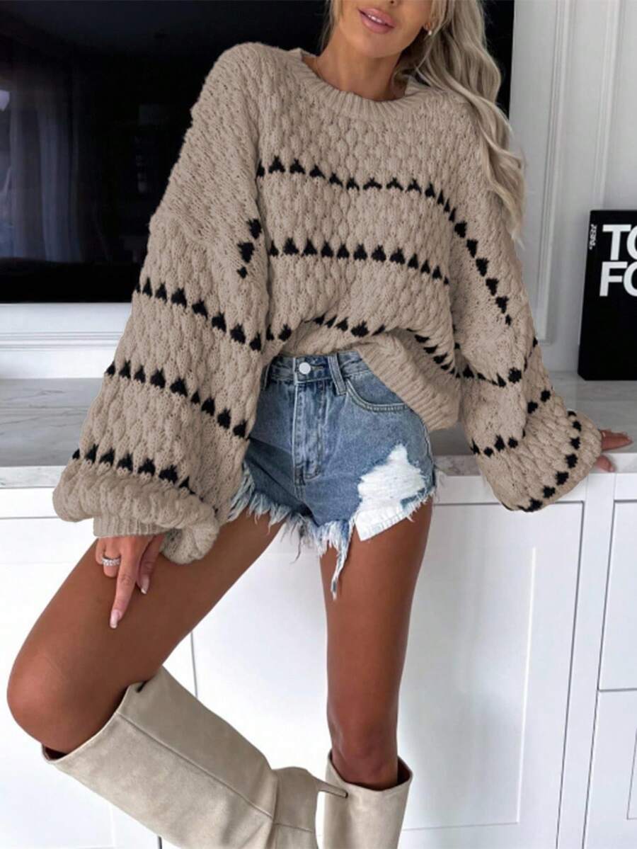 EMERY ROSE Loose Fit Crew Neck Long Sleeve Top, Casual Style - Multicolor - View 1