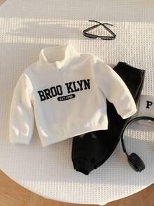 2pcs Baby Boy Black And White Tracksuit,Half-Zip Thermal Hoodie & Sweatpants Set,Back-To-School,Autumn,Casual,City Break,Cute Winter Fall Outfit - Black and White - View 2