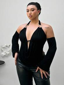 Firerie Damen Große Größen Lässig Elegant Urlaubs Vielseitig Einfach Elastisch Glänzend Chiffon Drapierte Hals Metall Dekor Trägerhemd mit abnehmbaren Ärmeln, Frühling/Sommer/Frühherbst - Schwarz - Übersicht 5