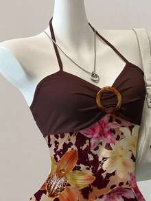 SHEIN EZwear Leopard Floral Romantic Vintage Casual Printed Mesh Women Camisole Top, Comfortable For Autumn - Multicolor - View 3