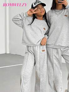 Ensemble t-shirt à manches longues col rond minimaliste de couleur unie et pantalon pour préadolescentes, vêtements d'hiver, vêtements d'automne, hauts à manches longues, chemises à manches longues - Gris - Voir 2