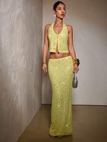 SHEIN BAE 女士优雅水钻装饰半身裙，夏季 - 黃色 - 查看 3