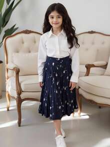 Tween Girl Floral Print Pleated Skirt - Navy Blue - View 6
