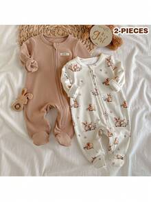 Loomiva 新生男婴/女婴卡通动物印花纯色柔软针织圆领长袖连体衣和裤子两件套 - 卡其色 - 查看 6