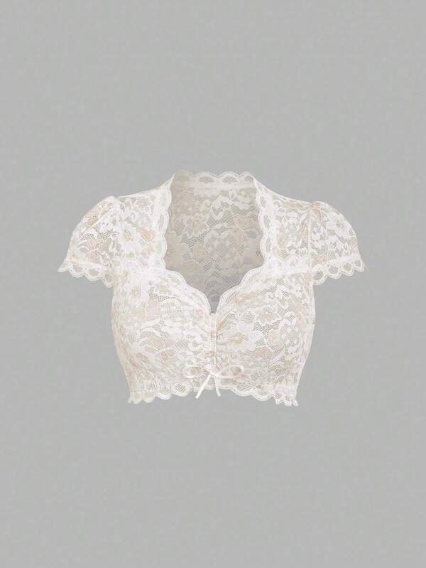 Fairmaia Tradycyjny damski top w stylu niemieckim w jednolitym kolorze z kołnierzykiem w serduszko, z krótkim rękawem, elegancki i modny