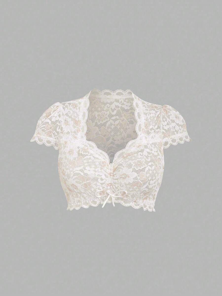 Fairmaia Top élégant de mode femme à col en cœur, manches courtes, style traditionnel allemand, couleur unie - Nude - Voir 1