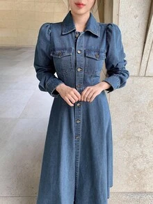 DAZY 女式长袖泡泡袖束腰优雅牛仔连衣裙