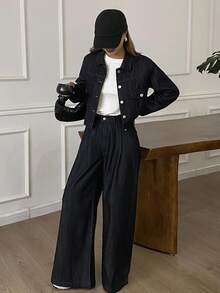 DAZY Women's Denim Jacket With Collar And Loose Pants 2 Pieces Casual Street Wear Denim Set