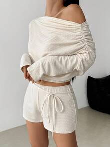 SHEIN LUNE 1 Set Women Asymmetric Drape Shoulder Top And Tie Waist Polka Dot Textured Shorts Fall Cloth For Women - Apricot - View 5