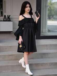 Tween Girl Cold Shoulder Ruffle Trim Dress