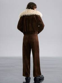 Airlisse Set de 2 piezas: Chaqueta corta con cuello de piel desmontable de estilo retro americano y pantalones rectos, color marrón, para invierno